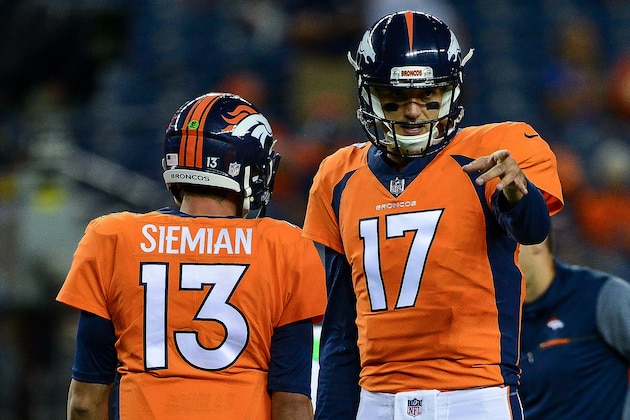 DENVER, CO - SEPTEMBER 11: Quarterbacks Brock Osweiler #17 and Trevor Siemian #13 of the Denver Broncos during warmups before the game against the Los Angeles Chargers at Sports Authority Field at Mile High on September 11, 2017 in Denver, Colorado. (Photo by Dustin Bradford/Getty Images)