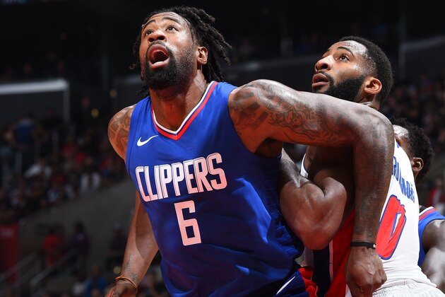 LOS ANGELES, CA - OCTOBER 28: DeAndre Jordan #6 of the LA Clippers boxes out against Andre Drummond #0 of the Detroit Pistons on October 28, 2017 at STAPLES Center in Los Angeles, California. NOTE TO USER: User expressly acknowledges and agrees that, by downloading and/or using this Photograph, user is consenting to the terms and conditions of the Getty Images License Agreement. Mandatory Copyright Notice: Copyright 2017 NBAE (Photo by Andrew D. Bernstein/NBAE via Getty Images) LOS ANGELES, CA - OCTOBER 28: DeAndre Jordan #6 of the LA Clippers boxes out against Andre Drummond #0 of the Detroit Pistons on October 28, 2017 at STAPLES Center in Los Angeles, California. NOTE TO USER: User expressly acknowledges and agrees that, by downloading and/or using this Photograph, user is consenting to the terms and conditions of the Getty Images License Agreement. Mandatory Copyright Notice: Copyright 2017 NBAE (Photo by Andrew D. Bernstein/NBAE via Getty Images)