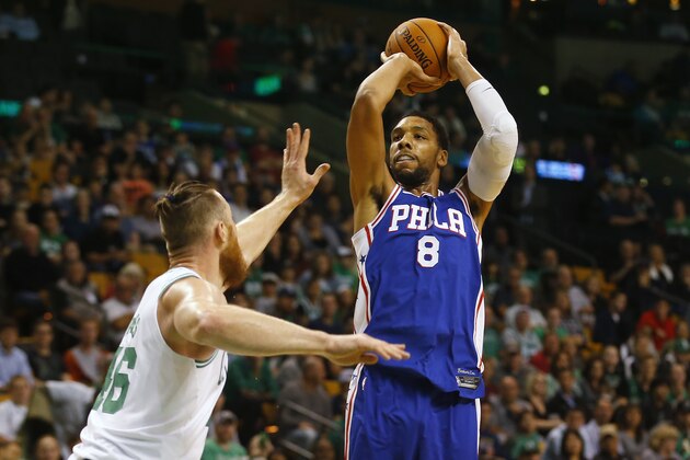Philadelphia 76ers' Jahlil Okafor shoots against the Boston Celtics during the first quarter of a preseason NBA basketball game in Boston Monday, Oct. 9, 2017. (AP Photo/Winslow Townson)