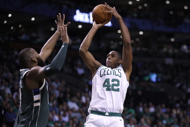 Boston Celtics center Al Horford shoots during the third quarter of an NBA basketball game, Wednesday, Oct. 18, 2017, in Boston. (AP Photo/Charles Krupa)