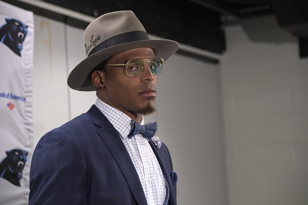 Carolina Panthers quarterback Cam Newton pauses before answering questions from reporters during a post-game news conference after an NFL football game against the Tampa Bay Buccaneers Sunday, Oct. 29, 2017, in Tampa, Fla. The Panthers won 17-3. (AP Photo/Phelan M. Ebenhack)