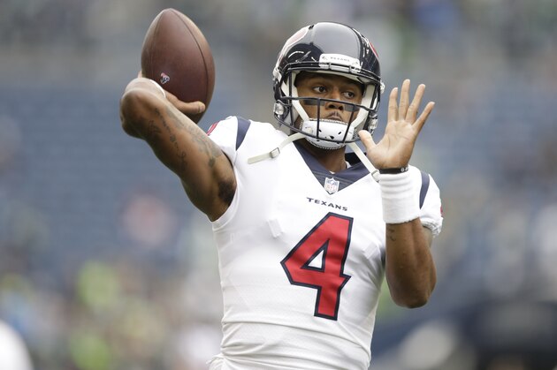 Houston Texans quarterback Deshaun Watson on the field during warmups before an NFL football game against the Seattle Seahawks, Sunday, Oct. 29, 2017, in Seattle. (AP Photo/Stephen Brashear)