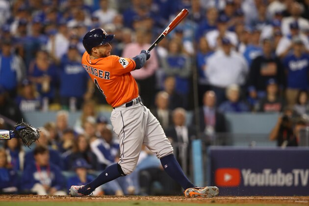 LOS ANGELES, CA - NOVEMBER 01:  George Springer #4 of the Houston Astros hits a two-run home run during the second inning against the Los Angeles Dodgers in game seven of the 2017 World Series at Dodger Stadium on November 1, 2017 in Los Angeles, California.  (Photo by Ezra Shaw/Getty Images)