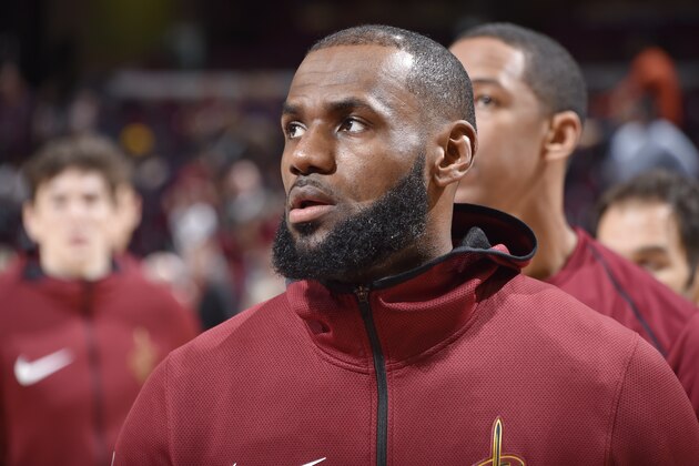 CLEVELAND, OH - NOVEMBER 1:  LeBron James #23 of the Cleveland Cavaliers looks on before the game against the Indiana Pacers on November 1, 2017 at Quicken Loans Arena in Cleveland, Ohio.  NOTE TO USER: User expressly acknowledges and agrees that, by downloading and or using this Photograph, user is consenting to the terms and conditions of the Getty Images License Agreement. Mandatory Copyright Notice: Copyright 2017 NBAE (Photo by David Liam Kyle/NBAE via Getty Images)