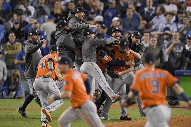 The Houston Astros celebrate after their win against the Los Angeles Dodgers in Game 7 of baseball's World Series Wednesday, Nov. 1, 2017, in Los Angeles. The Astros won 5-1 to win the series 4-3. (AP Photo/Mark J. Terrill) The Houston Astros celebrate after their win against the Los Angeles Dodgers in Game 7 of baseball's World Series Wednesday, Nov. 1, 2017, in Los Angeles. The Astros won 5-1 to win the series 4-3. (AP Photo/Mark J. Terrill)