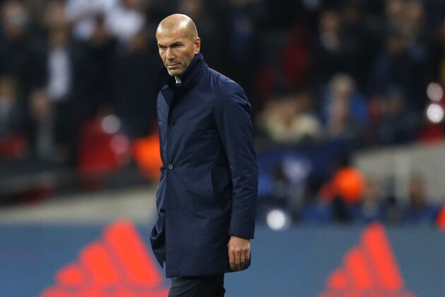 Real Madrid's French coach Zinedine Zidane looks on during the UEFA Champions League Group H football match between Tottenham Hotspur and Real Madrid at Wembley Stadium in London, on November 1, 2017. / AFP PHOTO / IKIMAGES / Ian KINGTON        (Photo credit should read IAN KINGTON/AFP/Getty Images)