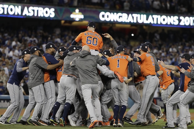 The Houston Astros celebrate after Game 7 of baseball's World Series against the Los Angeles Dodgers Wednesday, Nov. 1, 2017, in Los Angeles. The Astros won 5-1 to win the series 4-3. (AP Photo/David J. Phillip)