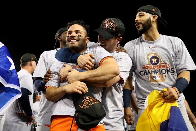 LOS ANGELES, CA - NOVEMBER 01:  Jose Altuve #27 of the Houston Astros celebrates with Alex Bregman #2 after defeating the Los Angeles Dodgers 5-1 in game seven to win the 2017 World Series at Dodger Stadium on November 1, 2017 in Los Angeles, California.  (Photo by Ezra Shaw/Getty Images)