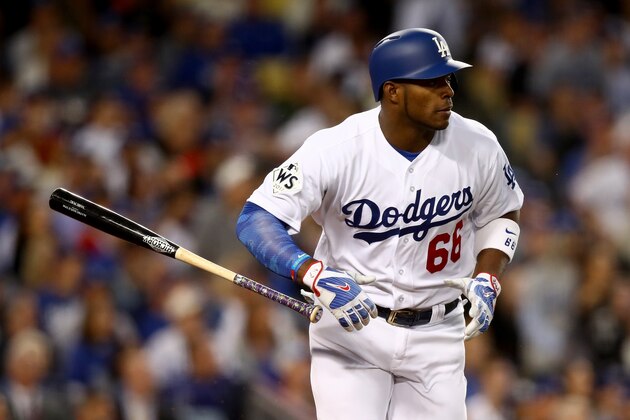LOS ANGELES, CA - OCTOBER 31:  Yasiel Puig #66 of the Los Angeles Dodgers reacts after hitting a single during the second inning against the Houston Astros in game six of the 2017 World Series at Dodger Stadium on October 31, 2017 in Los Angeles, California.  (Photo by Ezra Shaw/Getty Images)