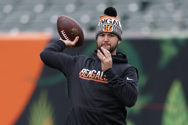 Cincinnati Bengals quarterback AJ McCarron practices before an NFL football game against the Indianapolis Colts, Sunday, Oct. 29, 2017, in Cincinnati. (AP Photo/Gary Landers)