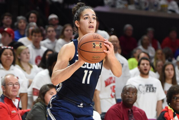 COLLEGE PARK, MD - DECEMBER 29:  Kia Nurse #11 of the Connecticut Huskies takes a jump shot during a women's college basketball game against the Maryland Terrapins at the XFinity Center on December 29, 2016 in College Park, Maryland.  The Huskies won 87-81.  (Photo by Mitchell Layton/Getty Images)