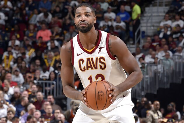 CLEVELAND, OH - OCTOBER 17: Tristan Thompson #13 of the Cleveland Cavaliers handles the ball against the Boston Celtics on October 17, 2017 at Quicken Loans Arena in Cleveland, Ohio.  NOTE TO USER: User expressly acknowledges and agrees that, by downloading and or using this Photograph, user is consenting to the terms and conditions of the Getty Images License Agreement. Mandatory Copyright Notice: Copyright 2017 NBAE (Photo by David Liam Kyle/NBAE via Getty Images)
