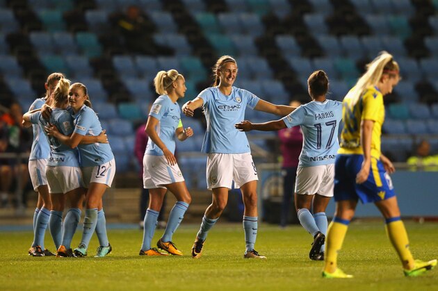 MANCHESTER, ENGLAND - OCTOBER 12:  Jill Scott of Manchester City celebrates with Nikita Parris after scoring their second goal during the UEFA Women's Champions League match between Manchester City Ladies and St. Polten Ladies at Manchester City Football Academy on October 12, 2017 in Manchester, England.  (Photo by Alex Livesey/Getty Images)