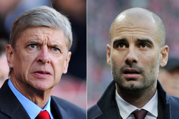 FILE PHOTO - EDITORS NOTE: COMPOSITE OF TWO IMAGES - Image Numbers 452603077 (L) and 452615683) In this composite image a comparison has been made between Arsene Wenger the Arsenal manager (L) and Head coach Josep Guardiola of Bayern Munich. Arsenal and Bayern Munich meet in the UEFA Champions League Round of 16 match 1st leg on February 19,2014 with the 2nd leg on March 11 ,2014. ***LEFT IMAGE*** CARDIFF, WALES - NOVEMBER 30: Arsene Wenger manager of Arsenal looks on prior to the Barclays Premier League match between Cardiff City and Arsenal at Cardiff City Stadium on November 30, 2013 in Cardiff, Wales. (Photo by Mike Hewitt/Getty Images) ***RIGHT IMAGE*** MUNICH, GERMANY - NOVEMBER 30: Josep Guardiola of Bayern comes onto the pitch before the Bundesliga match between Bayern Muenchen and Eintracht Braunschweig at Allianz Arena on November 30, 2013 in Munich, Germany. (Photo by Adam Pretty/Bongarts/Getty Images) FILE PHOTO - EDITORS NOTE: COMPOSITE OF TWO IMAGES - Image Numbers 452603077 (L) and 452615683) In this composite image a comparison has been made between Arsene Wenger the Arsenal manager (L) and Head coach Josep Guardiola of Bayern Munich. Arsenal and Bayern Munich meet in the UEFA Champions League Round of 16 match 1st leg on February 19,2014 with the 2nd leg on March 11 ,2014. ***LEFT IMAGE*** CARDIFF, WALES - NOVEMBER 30: Arsene Wenger manager of Arsenal looks on prior to the Barclays Premier League match between Cardiff City and Arsenal at Cardiff City Stadium on November 30, 2013 in Cardiff, Wales. (Photo by Mike Hewitt/Getty Images) ***RIGHT IMAGE*** MUNICH, GERMANY - NOVEMBER 30: Josep Guardiola of Bayern comes onto the pitch before the Bundesliga match between Bayern Muenchen and Eintracht Braunschweig at Allianz Arena on November 30, 2013 in Munich, Germany. (Photo by Adam Pretty/Bongarts/Getty Images)