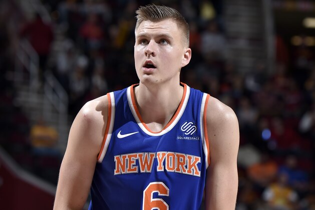 CLEVELAND, OH - OCTOBER 29: Kristaps Porzingis #6 of the New York Knicks shoots a free throw during the game against the Cleveland Cavaliers on October 29. 2017 at Quicken Loans Arena in Cleveland, Ohio. NOTE TO USER: User expressly acknowledges and agrees that, by downloading and/or using this Photograph, user is consenting to the terms and conditions of the Getty Images License Agreement. Mandatory Copyright Notice: Copyright 2017 NBAE  (Photo by David Liam Kyle/NBAE via Getty Images)