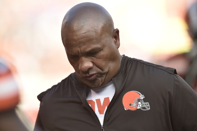 Cleveland Browns head coach Hue Jackson walks off the field after an NFL football game against the Tennessee Titans, Sunday, Oct. 22, 2017, in Cleveland. The Titans won 12-9 in overtime. (AP Photo/David Richard)