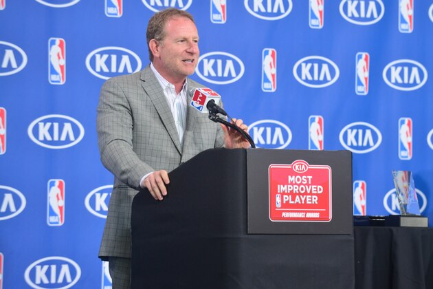 PHOENIX, AZ - APRIL 23: Robert G. Sarver Managing Partner for the Phoenix Suns speaks at the press conference where Goran Dragic is awarded the KIA NBA Most Improved Player Award on April 23, 2014 at U.S. Airways Center in Phoenix, Arizona. NOTE TO USER: User expressly acknowledges and agrees that, by downloading and or using this photograph, user is consenting to the terms and conditions of the Getty Images License Agreement. Mandatory Copyright Notice: Copyright 2014 NBAE (Photo by Barry Gossage/NBAE via Getty Images)