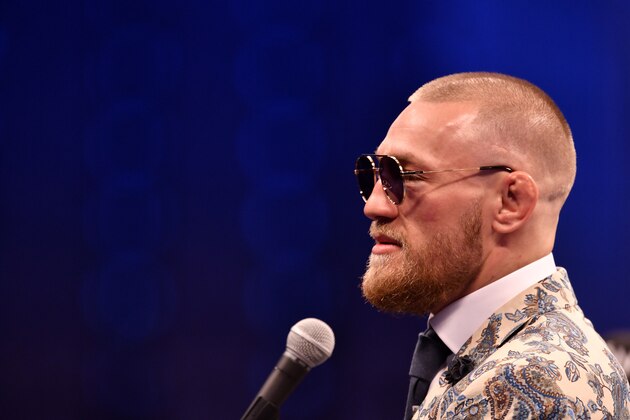 LAS VEGAS, NV - AUGUST 25:  Conor McGregor speaks to the media during a news conference after Mayweather's 10th-round TKO victory in their super welterweight boxing match on August 26, 2017 at T-Mobile Arena in Las Vegas, Nevada. (Photo by Jeff Bottari/Zuffa LLC/Zuffa LLC via Getty Images)
