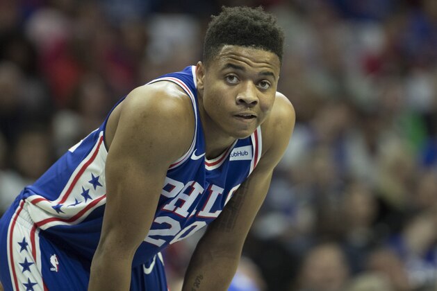 PHILADELPHIA, PA - OCTOBER 20: Markelle Fultz #20 of the Philadelphia 76ers looks on against the Boston Celtics at the Wells Fargo Center on October 20, 2017 in Philadelphia, Pennsylvania. NOTE TO USER: User expressly acknowledges and agrees that, by downloading and or using this photograph, User is consenting to the terms and conditions of the Getty Images License Agreement. (Photo by Mitchell Leff/Getty Images)