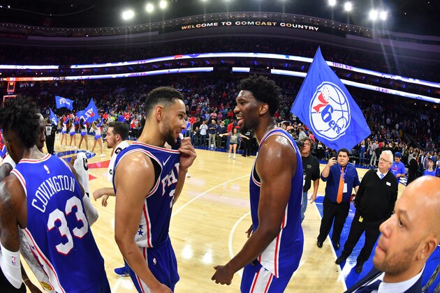 PHILADELPHIA,PA -  NOVEMBER 1 :  Joel Embiid #21, and Ben Simmons #25 of the Philadelphia 76ers talk after tonights win against the Atlanta Hawks at Wells Fargo Center on October 25,2017 in Philadelphia, Pennsylvania NOTE TO USER: User expressly acknowledges and agrees that, by downloading and/or using this Photograph, user is consenting to the terms and conditions of the Getty Images License Agreement. Mandatory Copyright Notice: Copyright 2017 NBAE (Photo by Jesse D. Garrabrant/NBAE via Getty Images)