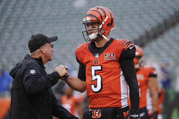 Cincinnati Bengals quarterback AJ McCarron walks the field during practice before an NFL football game against the Buffalo Bills, Sunday, Oct. 8, 2017, in Cincinnati. (AP Photo/Frank Victores)