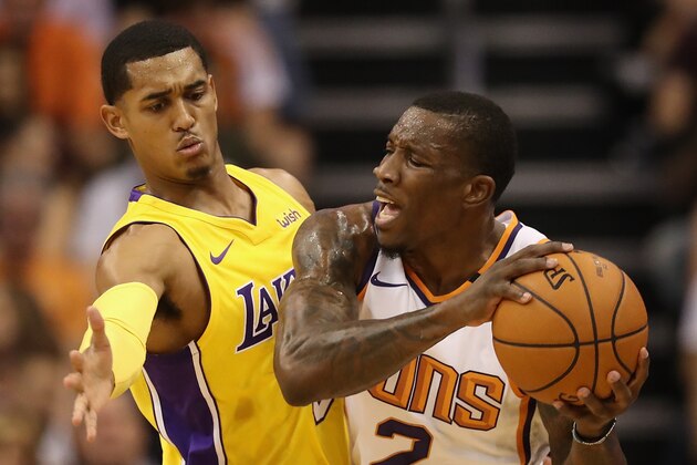 PHOENIX, AZ - OCTOBER 20:  Eric Bledsoe #2 of the Phoenix Suns looks to pass around Jordan Clarkson #6 of the Los Angeles Lakers during the NBA game at Talking Stick Resort Arena on October 20, 2017 in Phoenix, Arizona. The Lakers defeated the Suns 132-130. NOTE TO USER: User expressly acknowledges and agrees that, by downloading and or using this photograph, User is consenting to the terms and conditions of the Getty Images License Agreement.  (Photo by Christian Petersen/Getty Images)