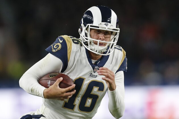 LONDON, ENGLAND - OCTOBER 22:  Jared Goff of the Los Angeles Rams runs for a touchdown during the NFL match between the Arizona Cardinals and the Los Angeles Rams at Twickenham Stadium on October 22, 2017 in London, England. (Photo by Alan Crowhurst/Getty Images)