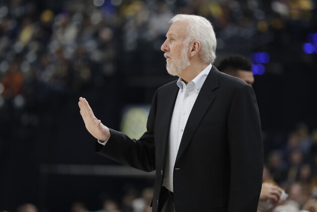 San Antonio Spurs head coach Gregg Popovich in action during the first half of an NBA basketball game against the Indiana Pacers, Sunday, Oct. 29, 2017, in Indianapolis. (AP Photo/Darron Cummings)