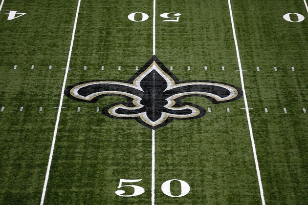 NEW ORLEANS, LA - SEPTEMBER 11:  The New Orleans Saints logo is seen on the field during a game at Mercedes-Benz Superdome on September 11, 2016 in New Orleans, Louisiana.  (Photo by Jonathan Bachman/Getty Images)