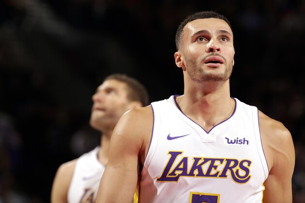 PORTLAND, OR - NOVEMBER 2:  Larry Nance Jr. #7 of the Los Angeles Lakers reacts to a play against the Portland Trail Blazers on November 2, 2017 at the Moda Center in Portland, Oregon. NOTE TO USER: User expressly acknowledges and agrees that, by downloading and or using this Photograph, user is consenting to the terms and conditions of the Getty Images License Agreement. Mandatory Copyright Notice: Copyright 2017 NBAE (Photo by Cameron Browne/NBAE via Getty Images)