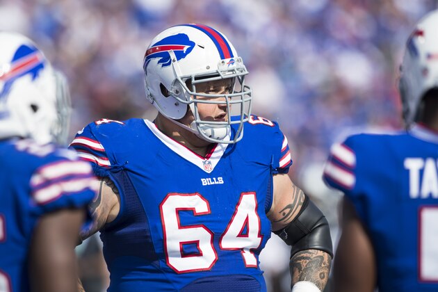 ORCHARD PARK, NY - SEPTEMBER 10:  Richie Incognito #64 of the Buffalo Bills stands in a huddle during the second half against the New York Jets on September 10, 2017 at New Era Field in Orchard Park, New York. Buffalo defeats New York 21-12.  (Photo by Brett Carlsen/Getty Images)