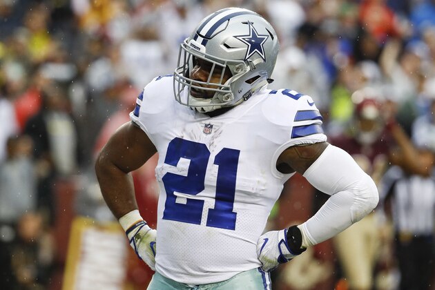 Dallas Cowboys running back Ezekiel Elliott (21) celebrates his touchdown during the first half of an NFL football game against the Washington Redskinsin Landover, Md., Sunday, Oct. 29, 2017. (AP Photo/Patrick Semansky)