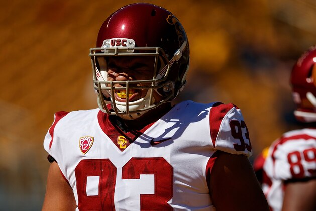 BERKELEY, CA - SEPTEMBER 23: Defensive lineman Liam Jimmons #93 of the USC Trojans warms up before the game against the California Golden Bears at California Memorial Stadium on September 23, 2017 in Berkeley, California. The USC Trojans defeated the California Golden Bears 30-20. (Photo by Jason O. Watson/Getty Images)
