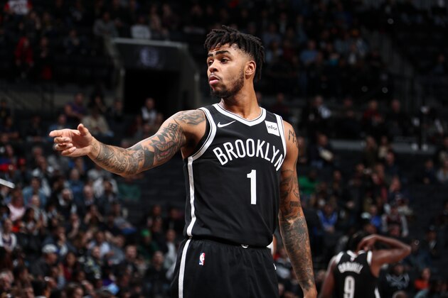 BROOKLYN, NY - OCTOBER 31:  D'Angelo Russell #1 of the Brooklyn Nets looks on during the game against the Phoenix Suns on October 31, 2017 at Barclays Center in Brooklyn, New York. NOTE TO USER: User expressly acknowledges and agrees that, by downloading and or using this Photograph, user is consenting to the terms and conditions of the Getty Images License Agreement. Mandatory Copyright Notice: Copyright 2017 NBAE (Photo by Nathaniel S. Butler/NBAE via Getty Images)