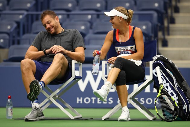 NEW YORK, NY - AUGUST 27:  Caroline Wozniacki of Denmark with her boyfriend American profesional basketball player David Lee during a practice session prior to the US Open Tennis Championships at USTA Billie Jean King National Tennis Center on August 27, 2017 in New York City.  (Photo by Clive Brunskill/Getty Images)