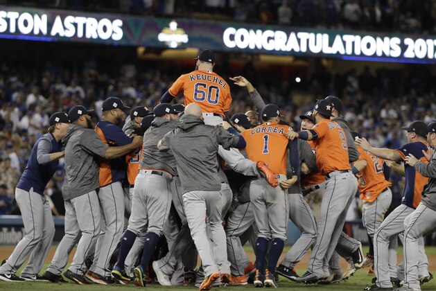 The Houston Astros celebrate after Game 7 of baseball's World Series against the Los Angeles Dodgers Wednesday, Nov. 1, 2017, in Los Angeles. The Astros won 5-1 to win the series 4-3. (AP Photo/David J. Phillip)
