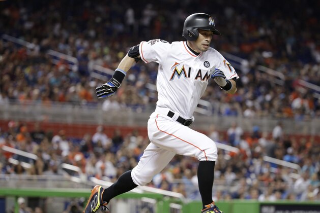 Miami Marlins' Ichiro Suzuki runs to first as he grounds out during the seventh inning of a baseball game against the Atlanta Braves, Saturday, Sept. 30, 2017, in Miami. The Marlins won 10-2. (AP Photo/Lynne Sladky)