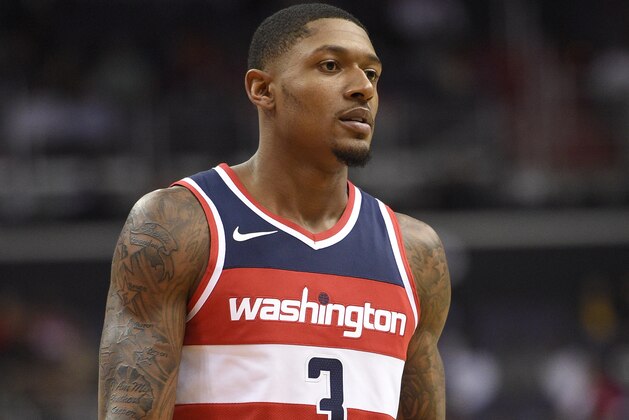 Washington Wizards guard Bradley Beal (3) looks on during the first half of an NBA basketball game against the Detroit Pistons, Friday, Oct. 20, 2017, in Washington. (AP Photo/Nick Wass)