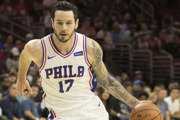 Philadelphia 76ers' JJ Redick in action during the first half of a preseason NBA basketball game against the Boston Celtics, Friday, Oct. 6, 2017, in Philadelphia. The Celtics won 110-102. (AP Photo/Chris Szagola)