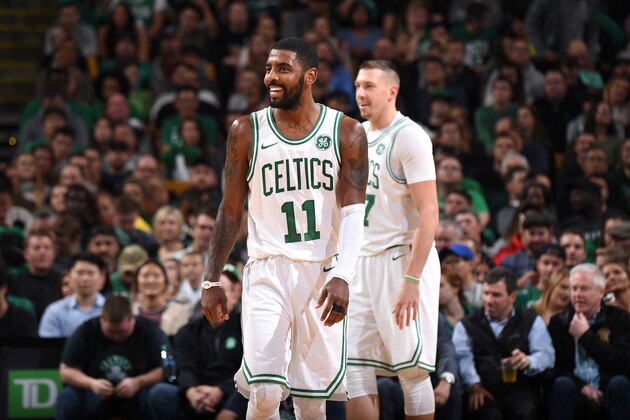 BOSTON, MA - NOVEMBER 1:  Kyrie Irving #11 of the Boston Celtics reacts to a play against the Sacramento Kings on November 1, 2017 at the TD Garden in Boston, Massachusetts. NOTE TO USER: User expressly acknowledges and agrees that, by downloading and or using this photograph, User is consenting to the terms and conditions of the Getty Images License Agreement. Mandatory Copyright Notice: Copyright 2017 NBAE  (Photo by Brian Babineau/NBAE via Getty Images)