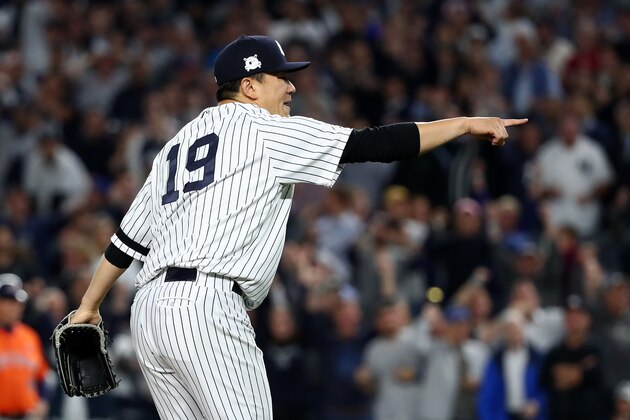 NEW YORK, NY - OCTOBER 18:  Masahiro Tanaka #19 of the New York Yankees reacts after the end of the top of the seventh inning against the Houston Astros in Game Five of the American League Championship Series at Yankee Stadium on October 18, 2017 in the Bronx borough of New York City.  (Photo by Al Bello/Getty Images)