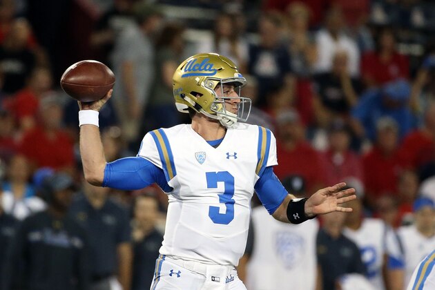 TUCSON, AZ - OCTOBER 14:  Quarterback Josh Rosen #3 of the UCLA Bruins throws a pass during the first half of the college football game against the Arizona Wildcats at Arizona Stadium on October 14, 2017 in Tucson, Arizona.  (Photo by Chris Coduto/Getty Images)
