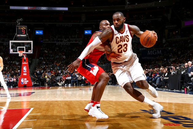 WASHINGTON, DC -  NOVEMBER 3:  LeBron James #23 of the Cleveland Cavaliers goes to the basket against the Washington Wizards on November 3, 2017 at Capital One Arena in Washington, DC. NOTE TO USER: User expressly acknowledges and agrees that, by downloading and or using this Photograph, user is consenting to the terms and conditions of the Getty Images License Agreement. Mandatory Copyright Notice: Copyright 2017 NBAE (Photo by Ned Dishman/NBAE via Getty Images)