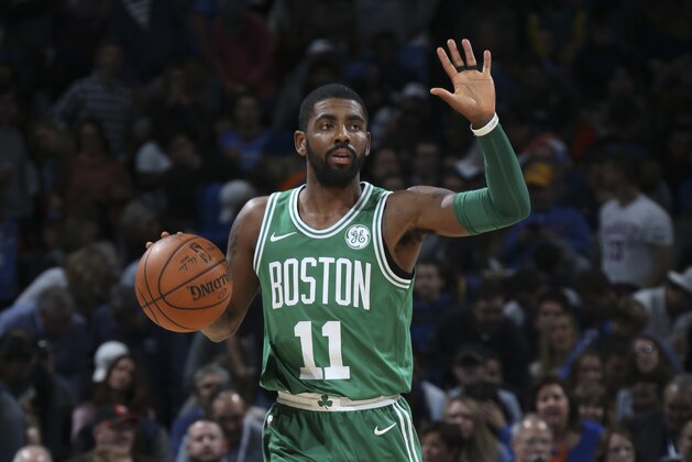 OKLAHOMA CITY, OK - NOVEMBER 3: Kyrie Irving #11 of the Boston Celtics handles the ball against the Oklahoma City Thunder on November 3, 2017 at Chesapeake Energy Arena in Oklahoma City, Oklahoma. NOTE TO USER: User expressly acknowledges and agrees that, by downloading and or using this Photograph, user is consenting to the terms and conditions of the Getty Images License Agreement. Mandatory Copyright Notice: Copyright 2017 NBAE (Photo by Layne Murdoch/NBAE via Getty Images)
