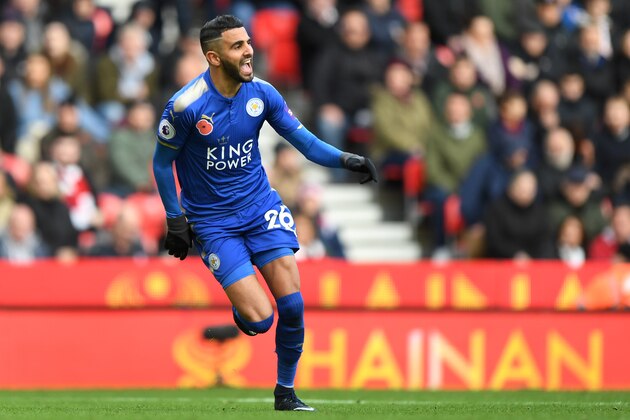 STOKE ON TRENT, ENGLAND - NOVEMBER 04: Riyad Mahrez of Leicester City celebrates after scoring a goal to make it 1-2 during the Premier League match between Stoke City and Leicester City at Bet365 Stadium on November 4, 2017 in Stoke on Trent, England. (Photo by Sam Bagnall - AMA/Getty Images)