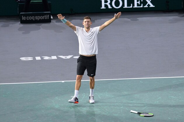 PARIS, FRANCE - NOVEMBER 04:  Filip Krajinovic of Serbia reacts after winning his men's singles semi final match against John Isner of the United States of America during day six of the Rolex Paris Masters at Palais Omnisports de Bercy on November 4, 2017 in Paris, France.  (Photo by Aurelien Meunier/Getty Images)