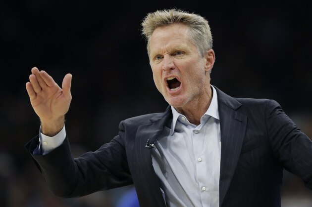 Golden State Warriors head coach Steve Kerr during the first half of an NBA basketball game against the San Antonio Spurs, Thursday, Nov. 2, 2017, in San Antonio. (AP Photo/Eric Gay)