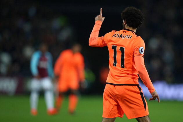 LONDON, ENGLAND - NOVEMBER 04: Mohamed Salah of Liverpool celebrates after he scores a goal to make it 1-4 during the Premier League match between West Ham United and Liverpool at London Stadium on November 4, 2017 in London, England. (Photo by Catherine Ivill - AMA/Getty Images) LONDON, ENGLAND - NOVEMBER 04: Mohamed Salah of Liverpool celebrates after he scores a goal to make it 1-4 during the Premier League match between West Ham United and Liverpool at London Stadium on November 4, 2017 in London, England. (Photo by Catherine Ivill - AMA/Getty Images)