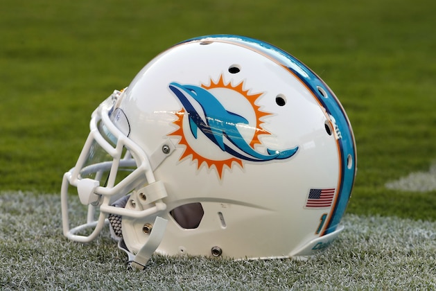 A Miami Dolphins helmet sits on the field before an NFL preseason football game against the Philadelphia Eagles at Lincoln Financial Field in Philadelphia, Thursday, Aug. 24, 2017. (Winslow Townson/AP Images for Panini)