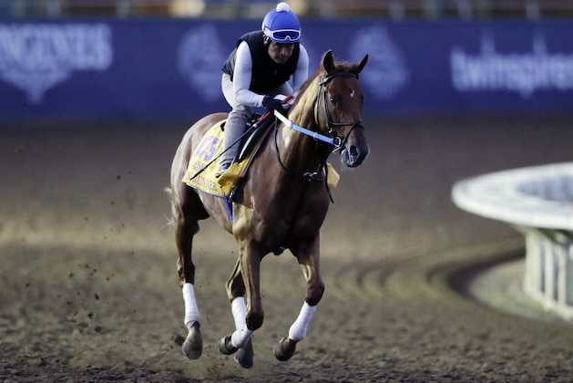Exercise rider Angel Garcia rides Gun Runner during morning workouts before the Breeders Cup horse races Thursday, Nov. 2, 2017, in Del Mar, Calif. Del Mar is hosting the $28 million, 13-race Breeders' Cup for the first time. The season-ending championships open with four races on Friday followed by nine, including the Classic, on Saturday. (AP Photo/Gregory Bull)